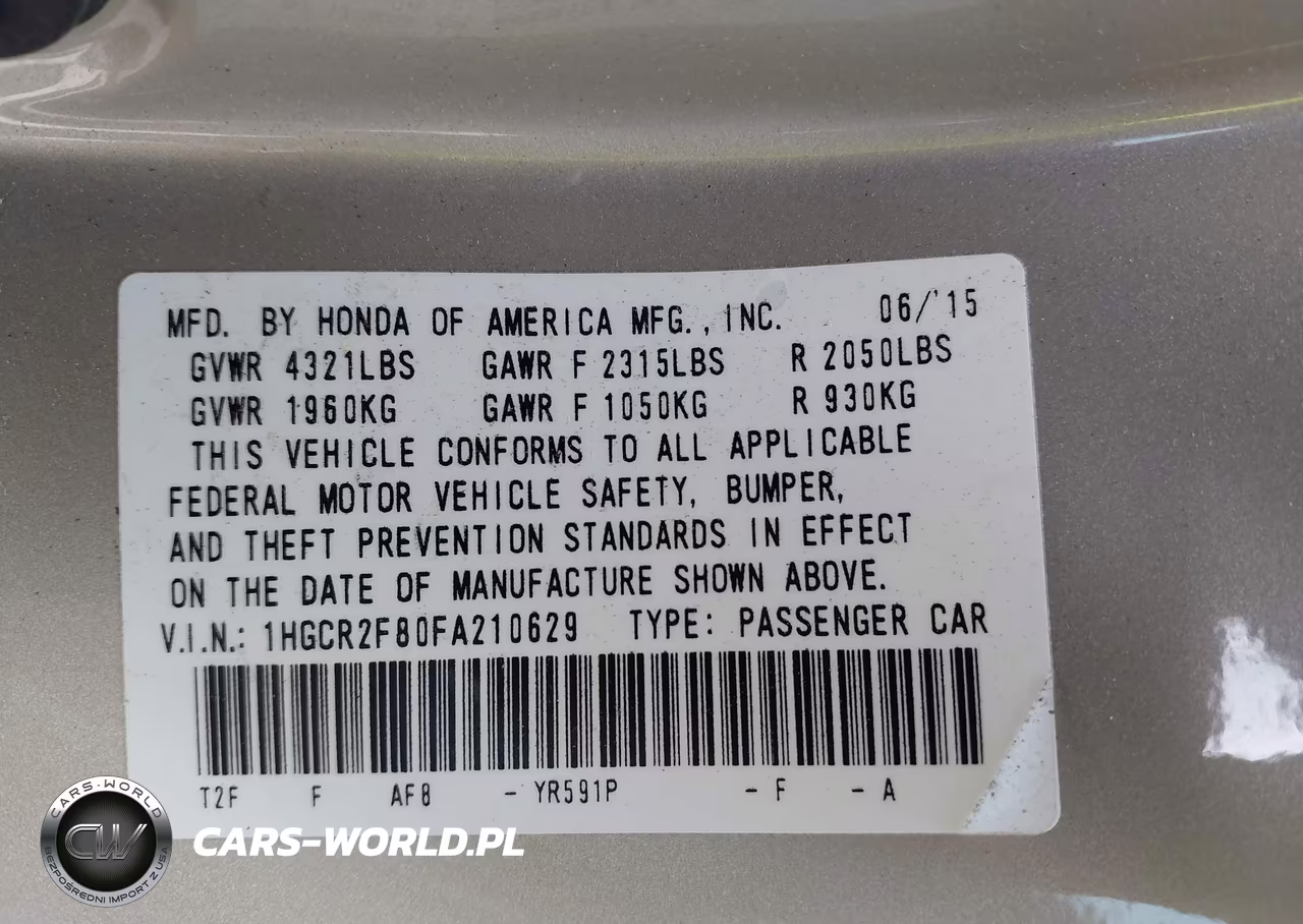 2015 Honda Accord Ex-L VIN:1HGCR2F80FA210629 - 9