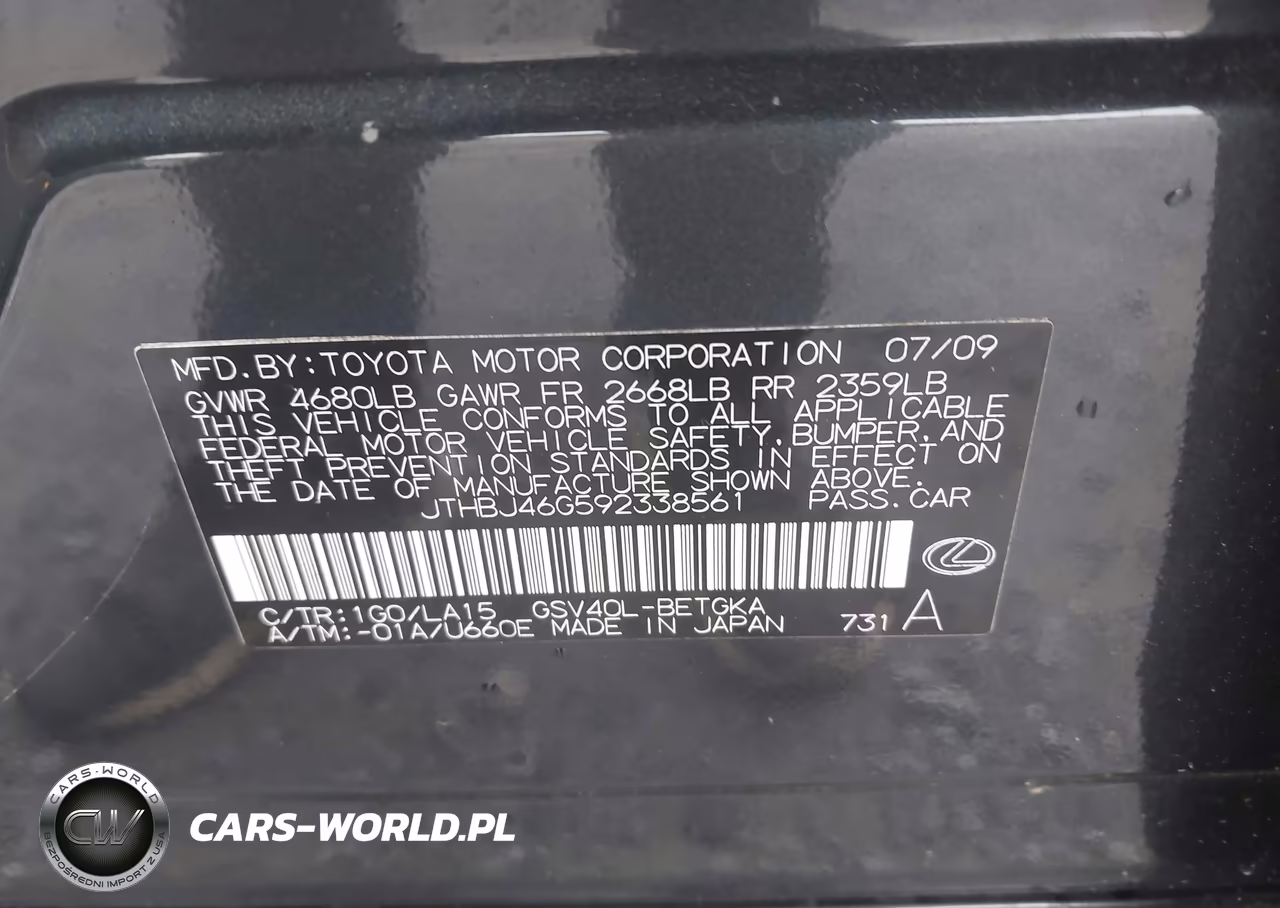 2009 Lexus Es 350 VIN:JTHBJ46G592338561 - 9