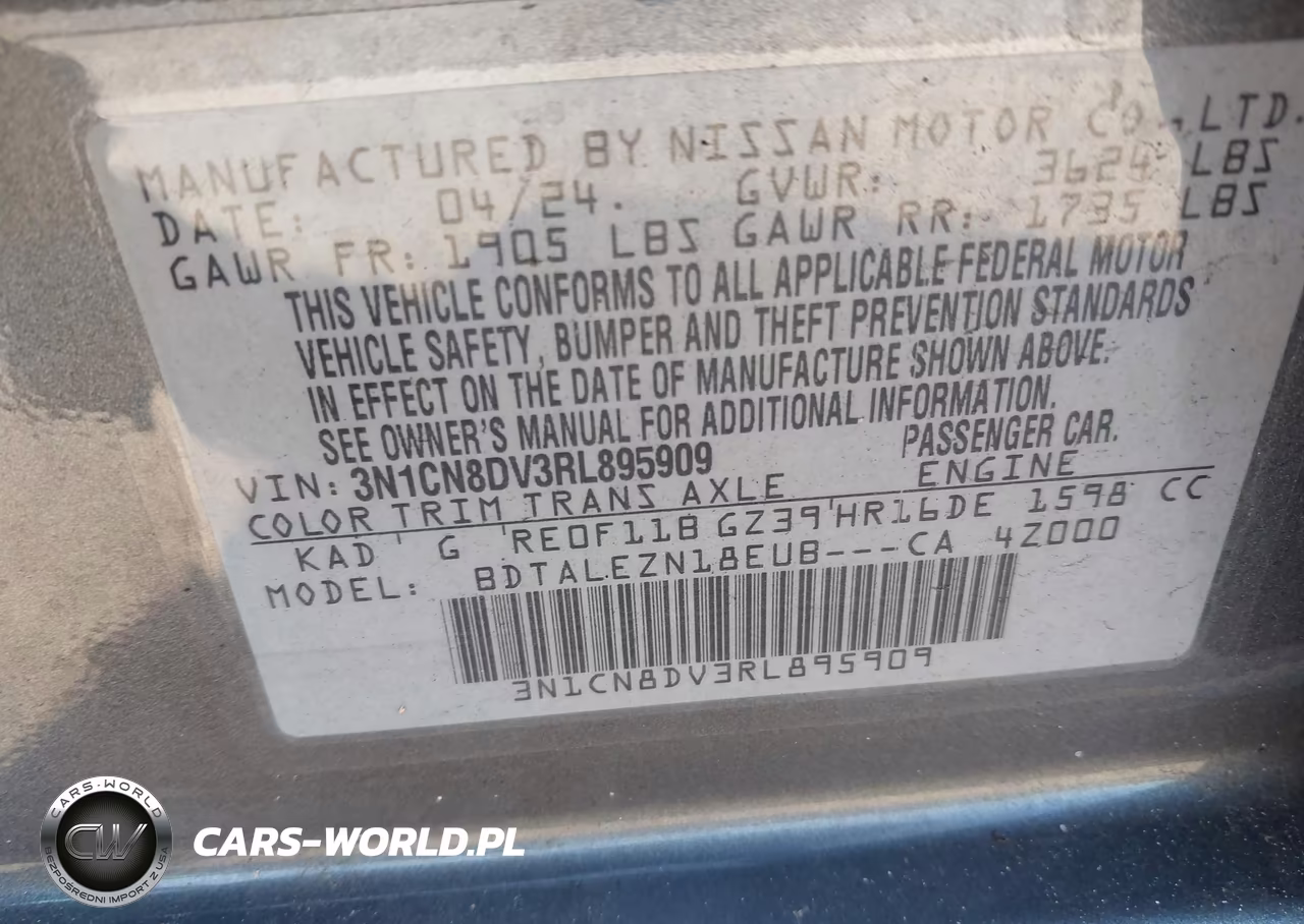 2024 Nissan Versa 1.6 S VIN:3N1CN8DV3RL895909 - 9