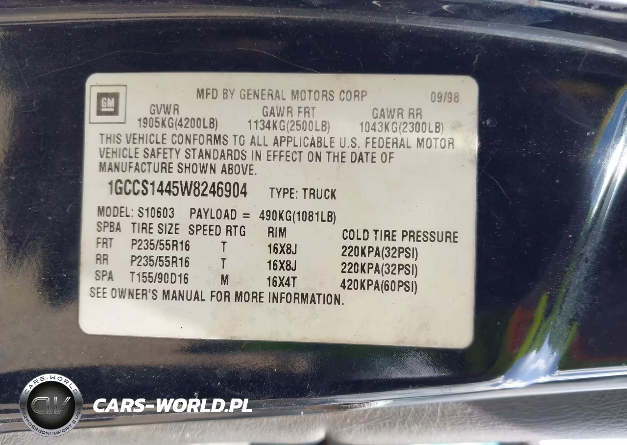 1998 Chevrolet S-10 Fleetside VIN:1GCCS1445W8246904 - 9