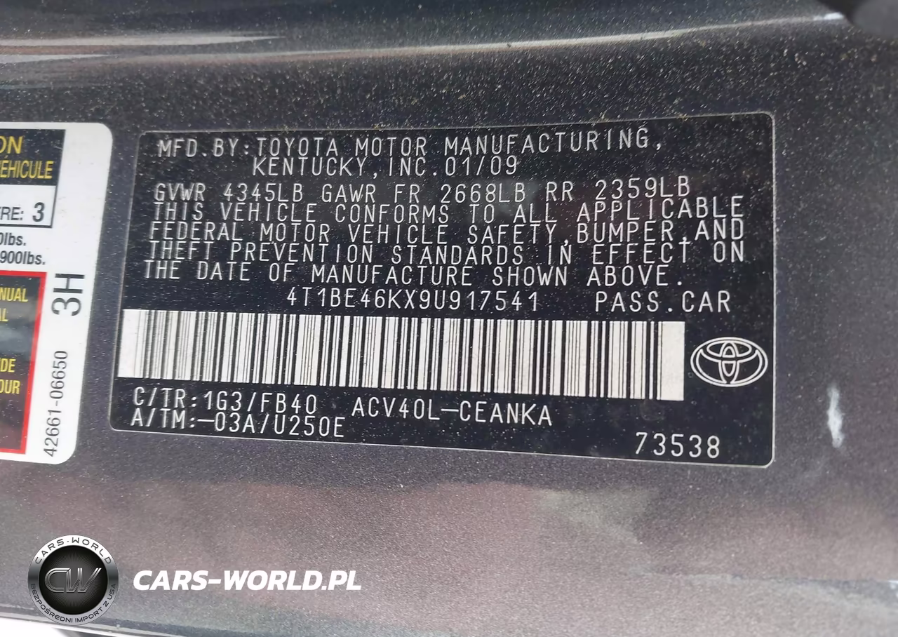 2009 Toyota Camry Le VIN:4T1BE46KX9U917541 - 9