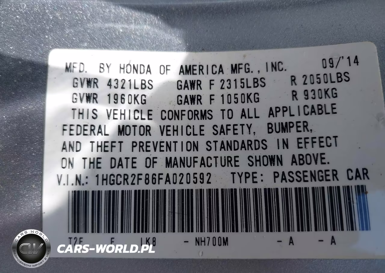 2015 Honda Accord Ex-L VIN:1HGCR2F86FA020592 - 9