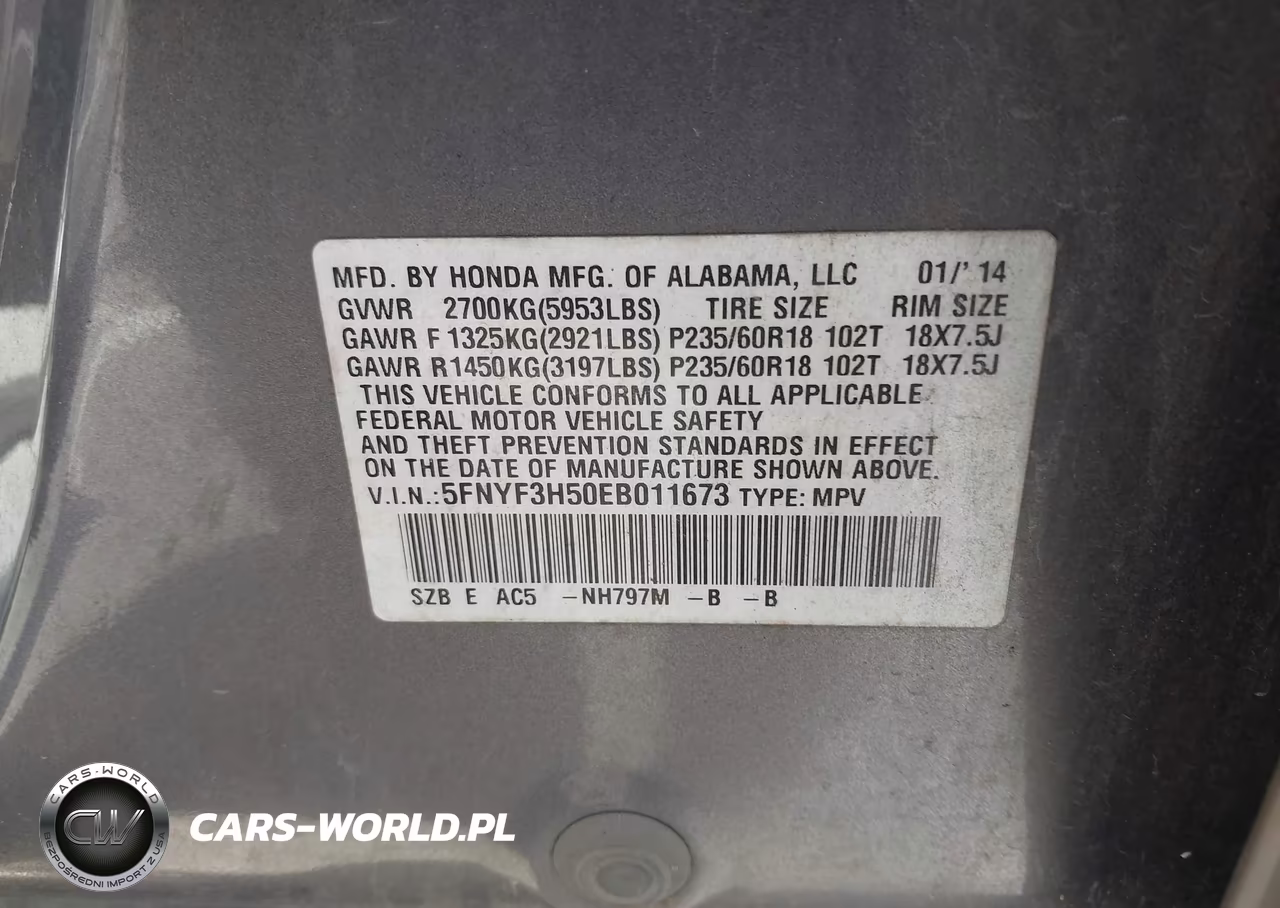 2014 Honda Pilot Ex-L VIN:5FNYF3H50EB011673 - 9