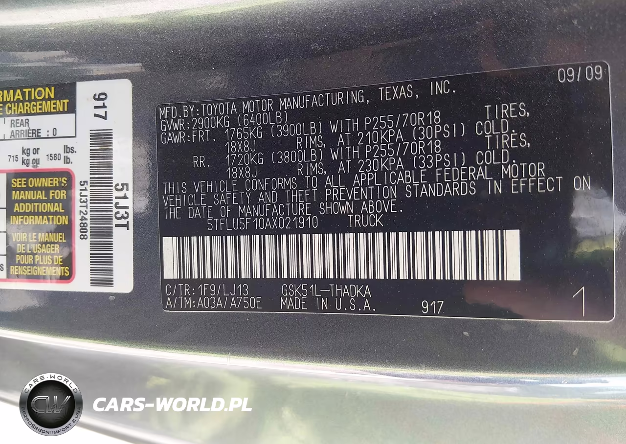 2010 Toyota Tundra Grade V6 VIN:5TFLU5F10AX021910 - 9