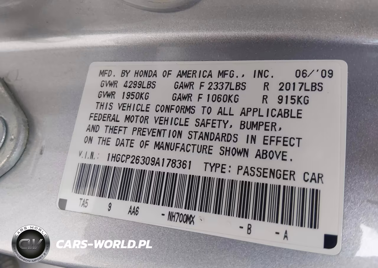 2009 Honda Accord 2.4 Lx VIN:1HGCP26309A178361 - 9