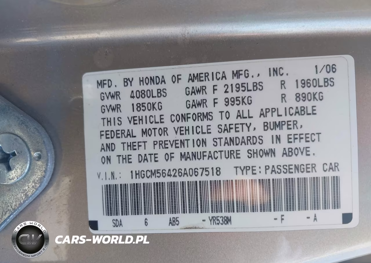 2006 Honda Accord 2.4 Lx VIN:1HGCM56426A067518 - 9