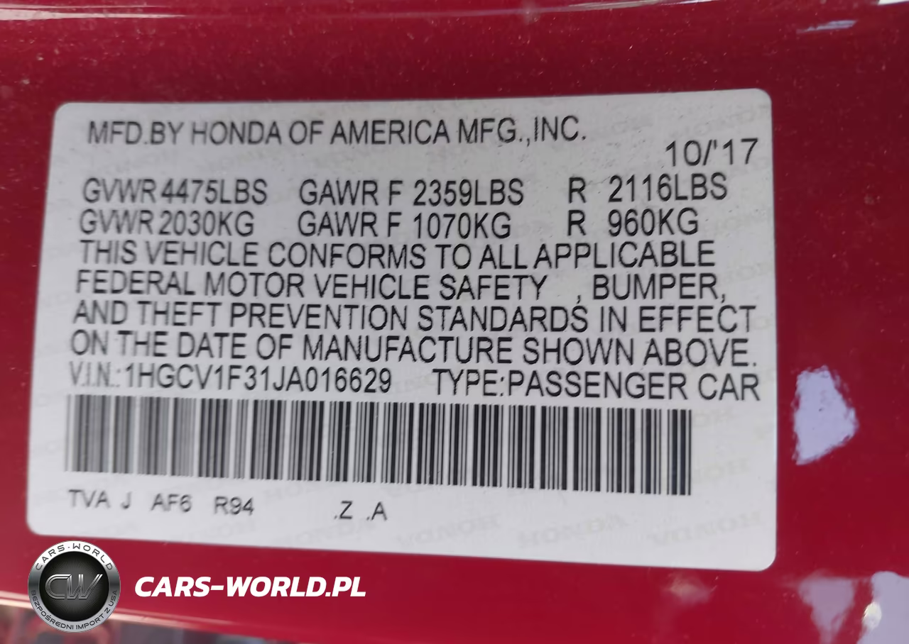 2018 Honda Accord Sport VIN:1HGCV1F31JA016629 - 9