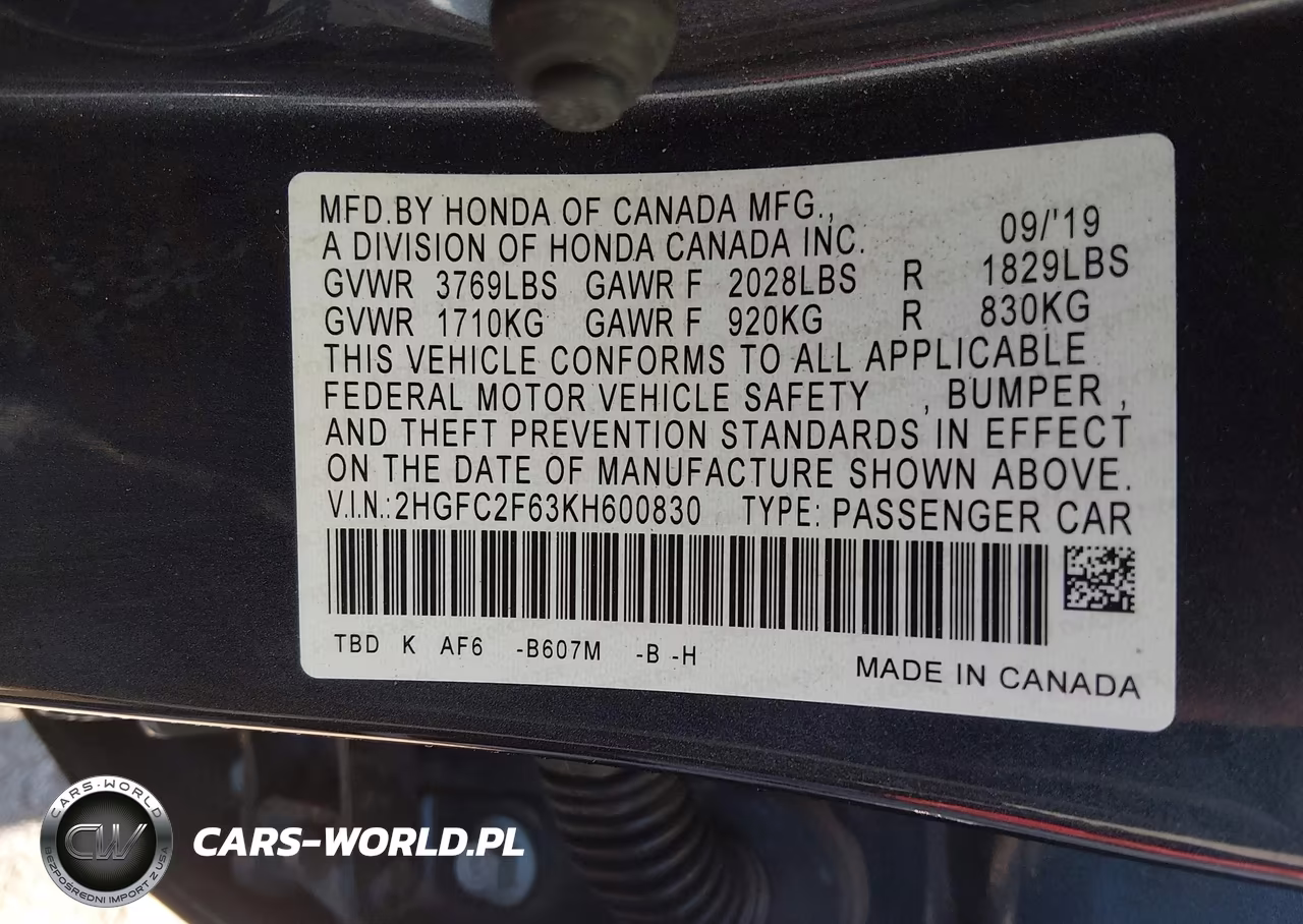 2019 Honda Civic Lx VIN:2HGFC2F63KH600830 - 9