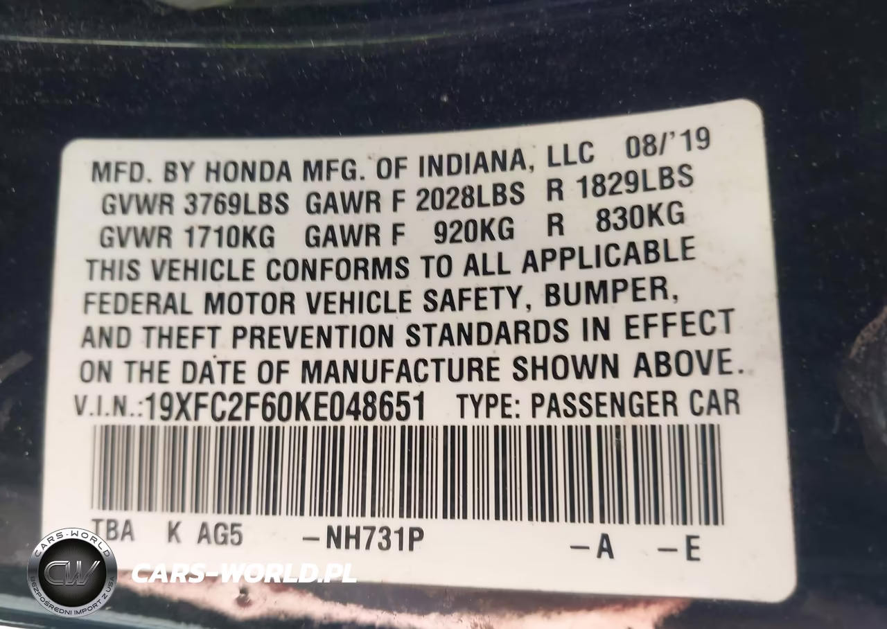 2019 Honda Civic Lx VIN:19XFC2F60KE048651 - 9
