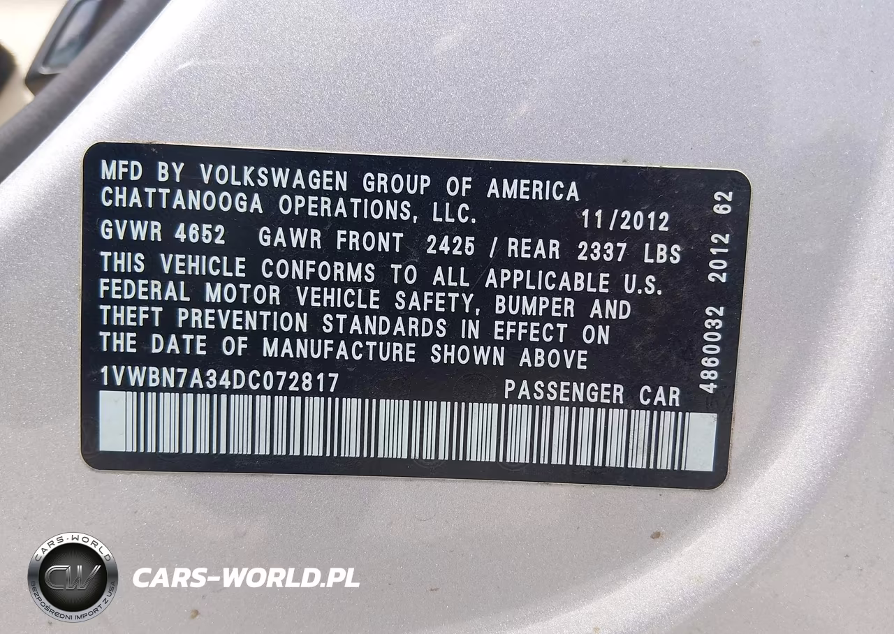 2013 Volkswagen Passat 2.0L Tdi Se VIN:1VWBN7A34DC072817 - 9