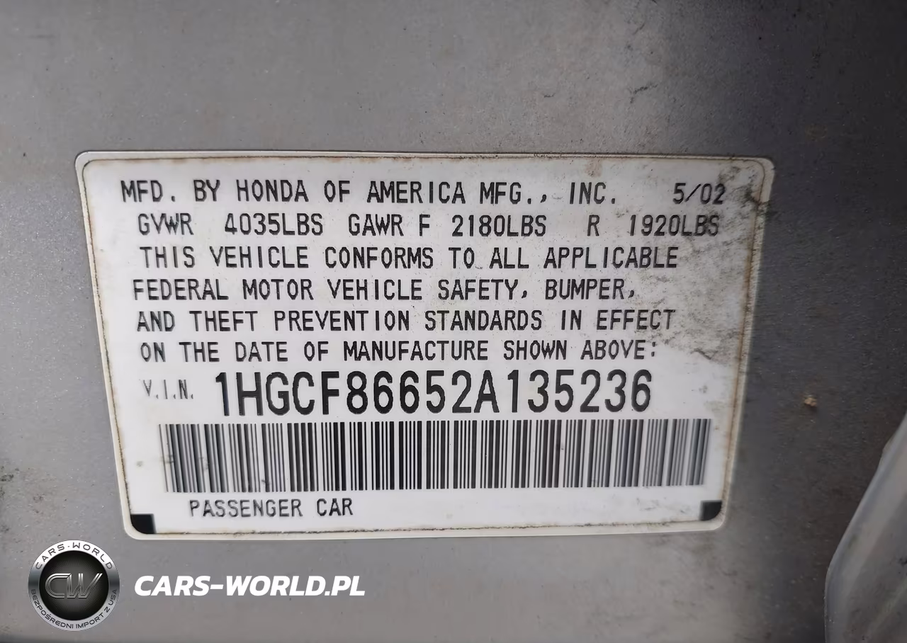 2002 Honda Accord 2.3 Vp VIN:1HGCF86652A135236 - 9
