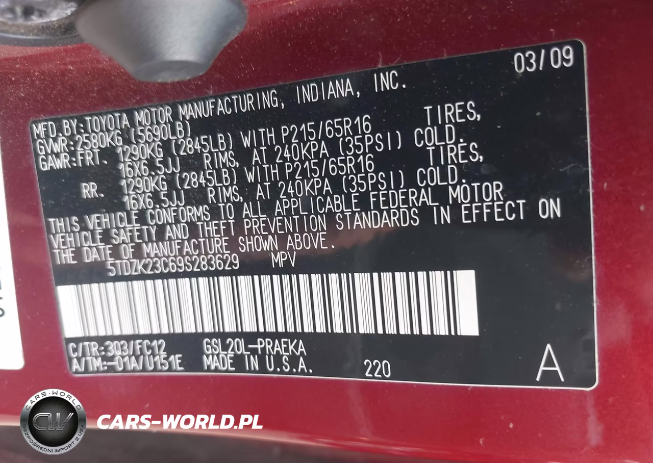 2009 Toyota Sienna Le VIN:5TDZK23C69S283629 - 9
