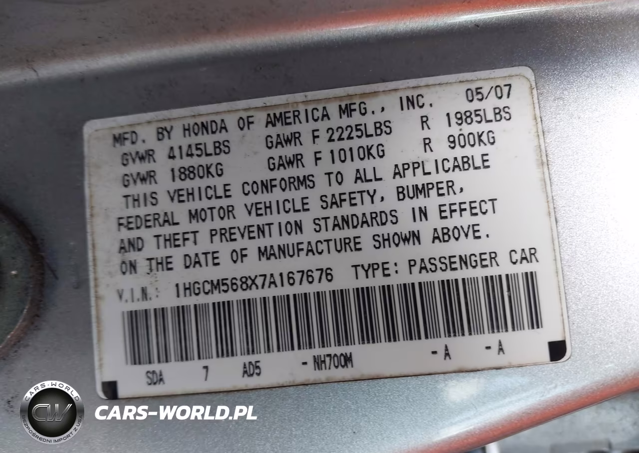 2007 Honda Accord 2.4 Ex VIN:1HGCM568X7A167676 - 9
