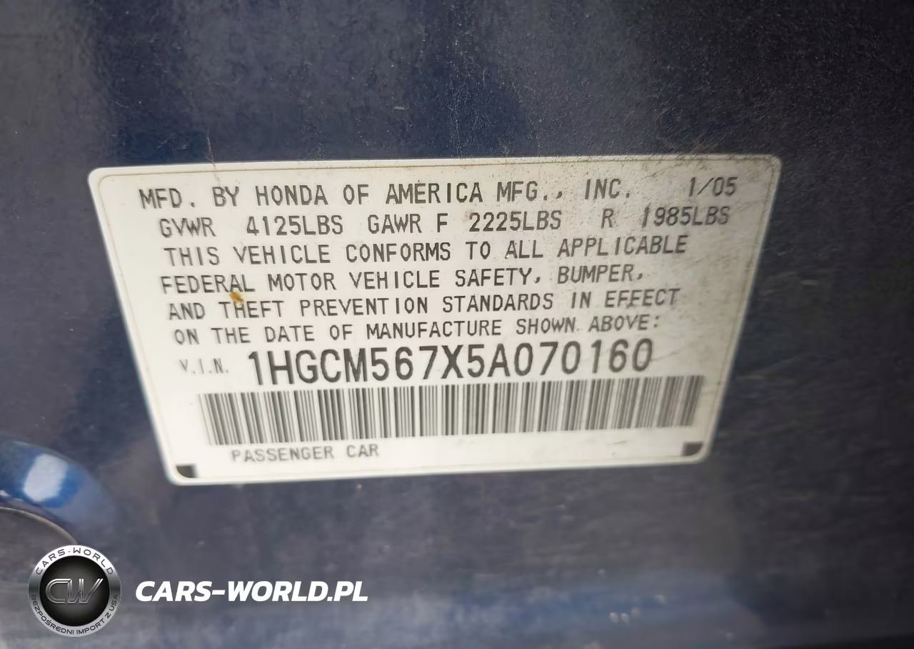 2005 Honda Accord 2.4 Ex VIN:1HGCM567X5A070160 - 9