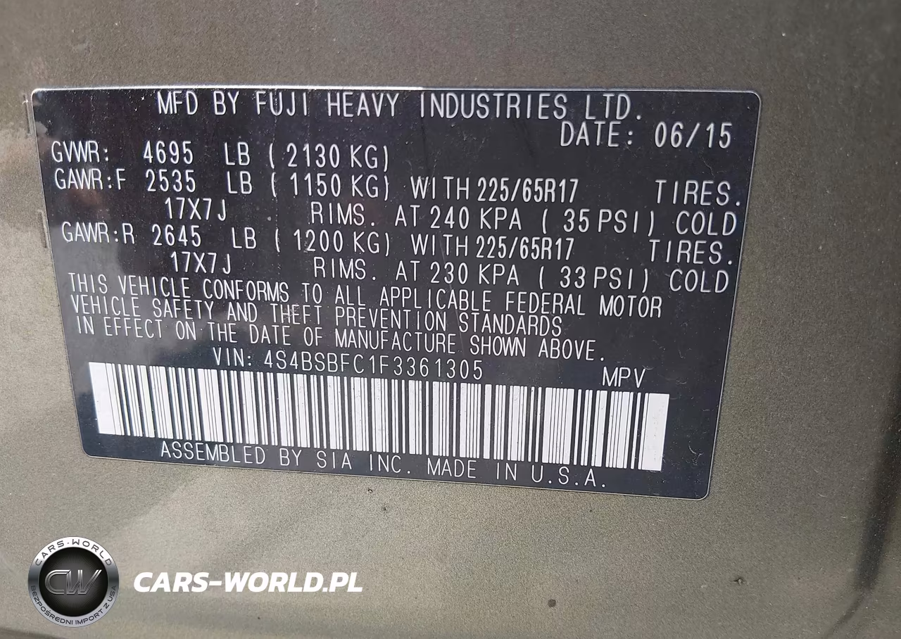 2015 Subaru Outback 2.5I Premium VIN:4S4BSBFC1F3361305 - 9