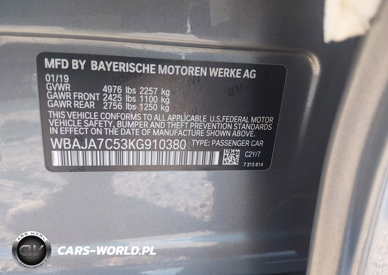 2019 BMW 530I xDrive VIN:WBAJA7C53KG910380 - 9