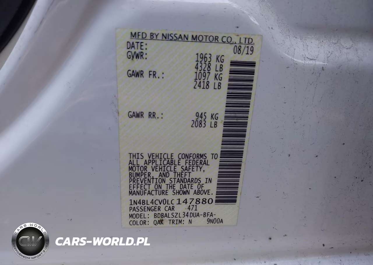 2020 Nissan Altima Sr Fwd VIN:1N4BL4CV0LC147880 - 9