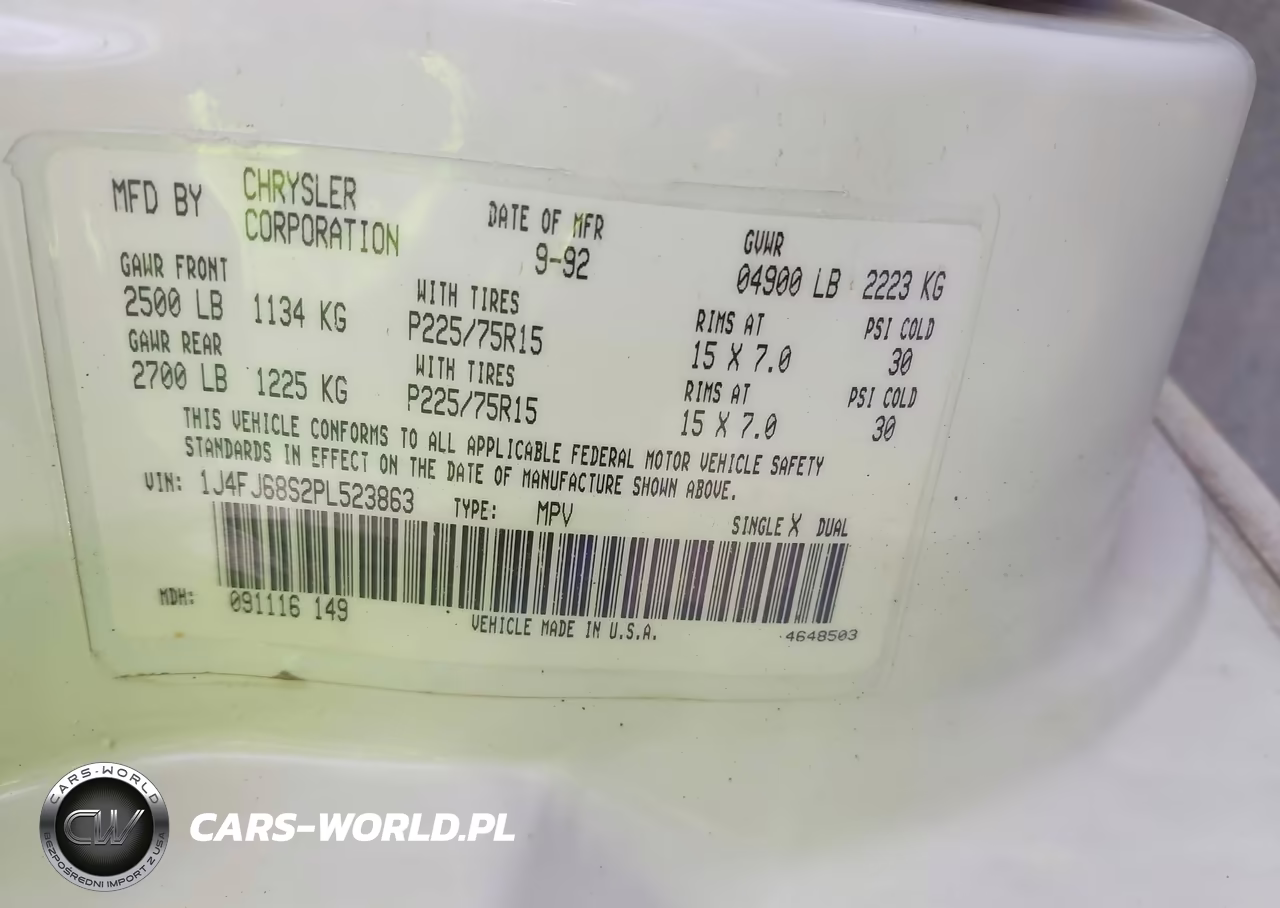 1993 Jeep Cherokee Sport VIN:1J4FJ68S2PL523863 - 9