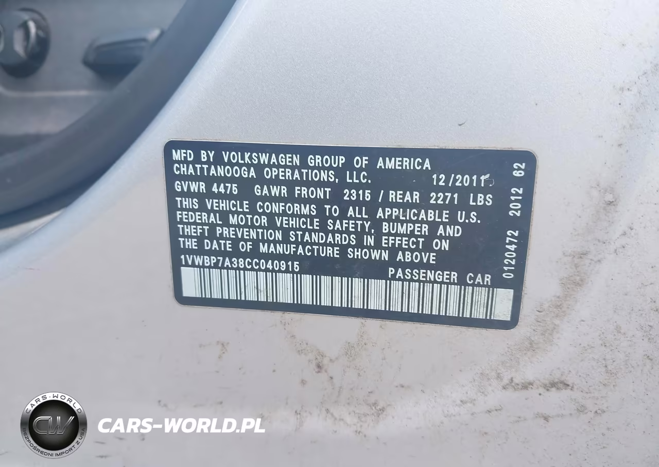2012 Volkswagen Passat 2.5L Se VIN:1VWBP7A38CC040915 - 9