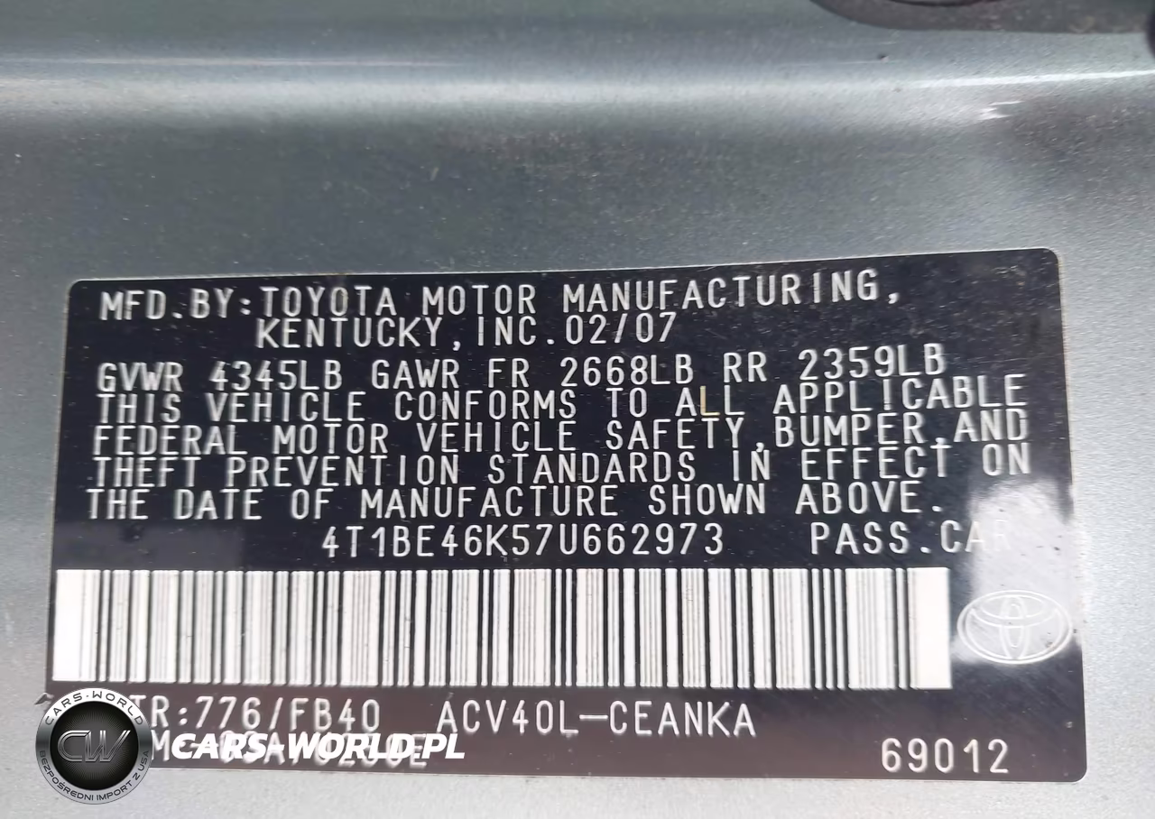 2007 Toyota Camry Le VIN:4T1BE46K57U662973 - 9