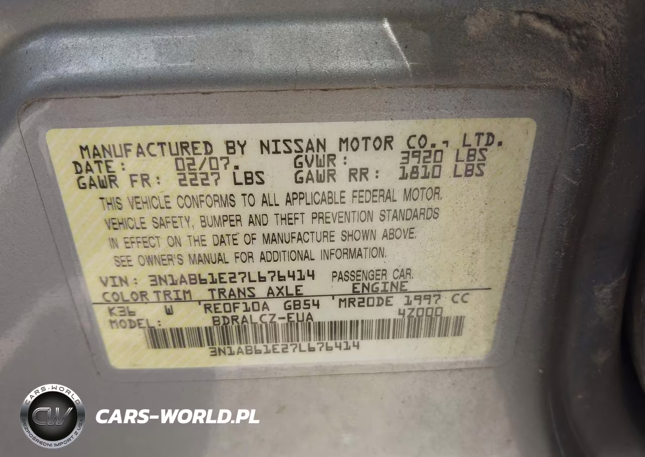 2007 Nissan Sentra 2.0 VIN:3N1AB61E27L676414 - 9