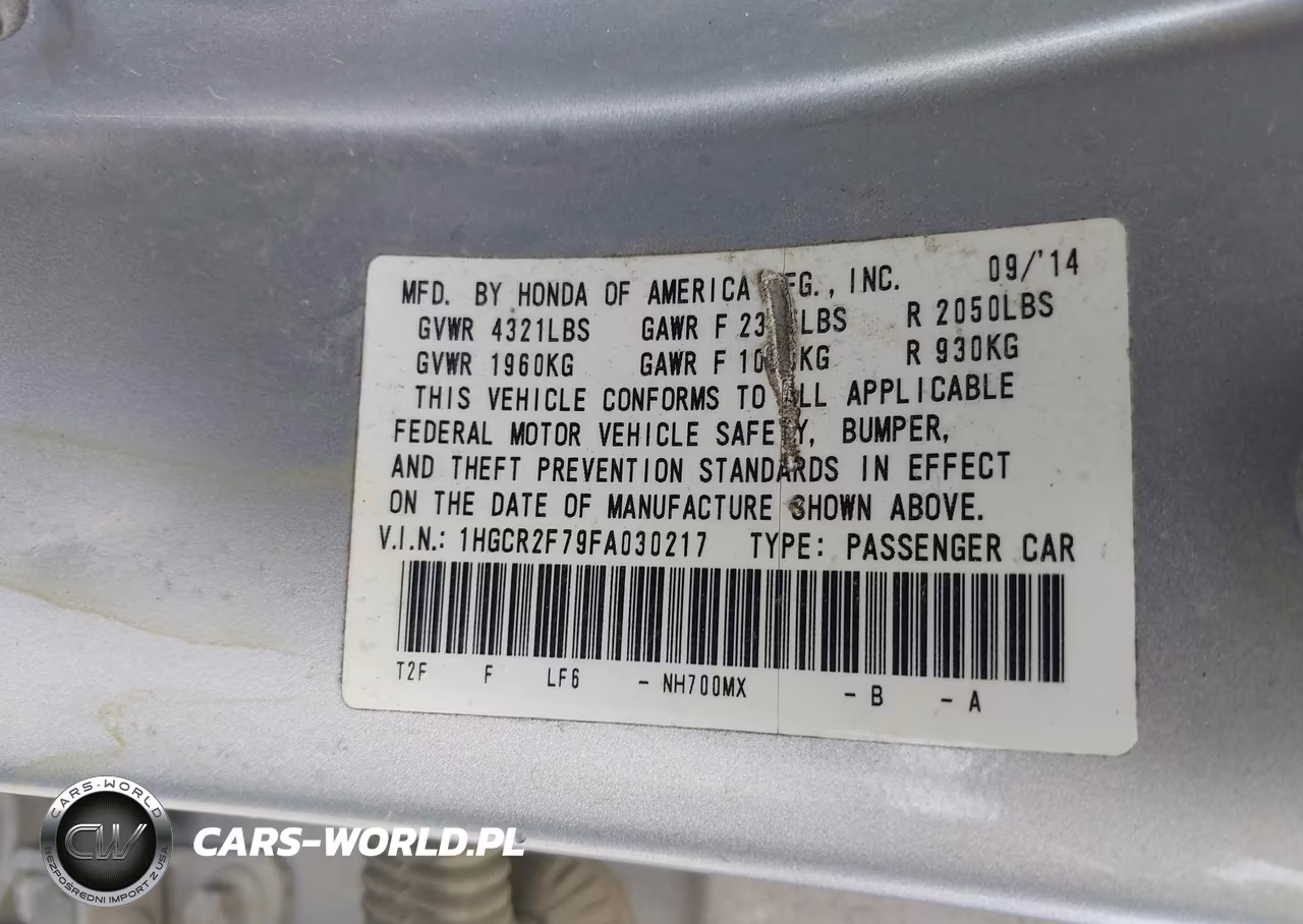 2015 Honda Accord Ex VIN:1HGCR2F79FA030217 - 9