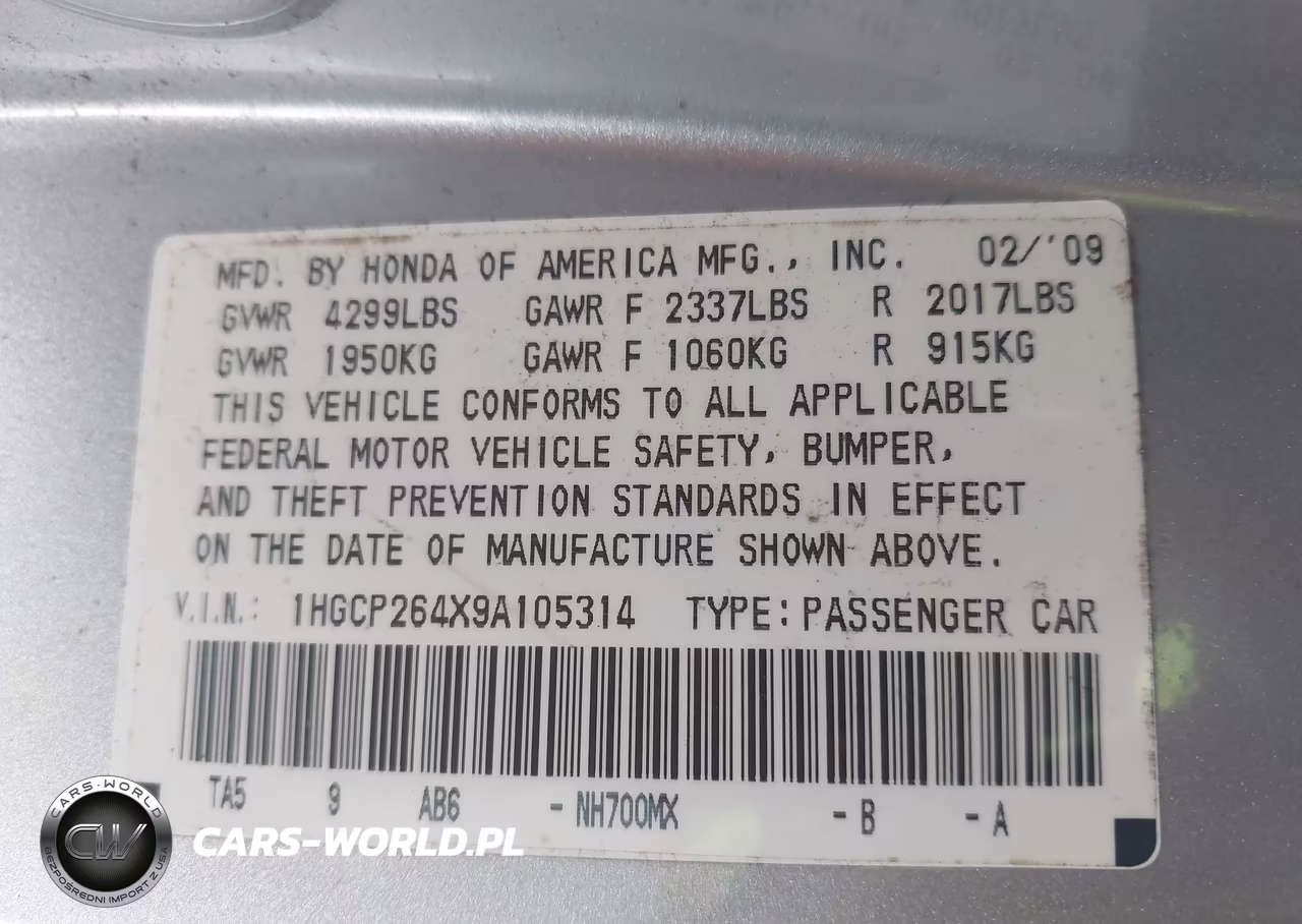 2009 Honda Accord 2.4 Lx-P VIN:1HGCP264X9A105314 - 9