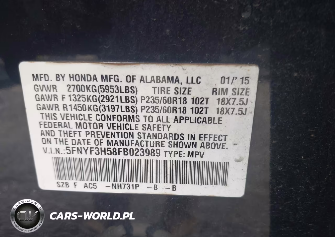 2015 Honda Pilot Ex-L VIN:5FNYF3H58FB023989 - 9