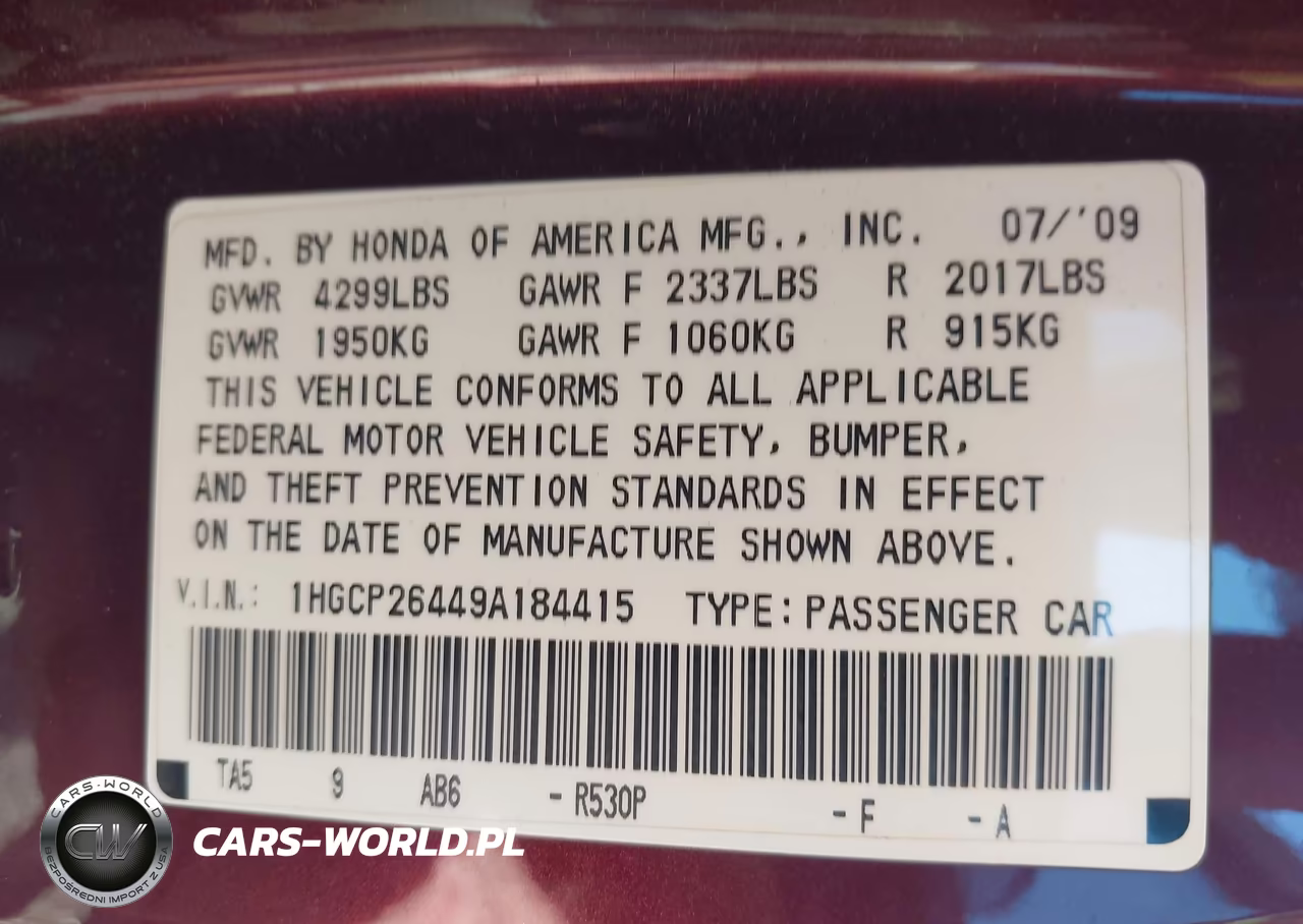 2009 Honda Accord 2.4 Lx-P VIN:1HGCP26449A184415 - 9