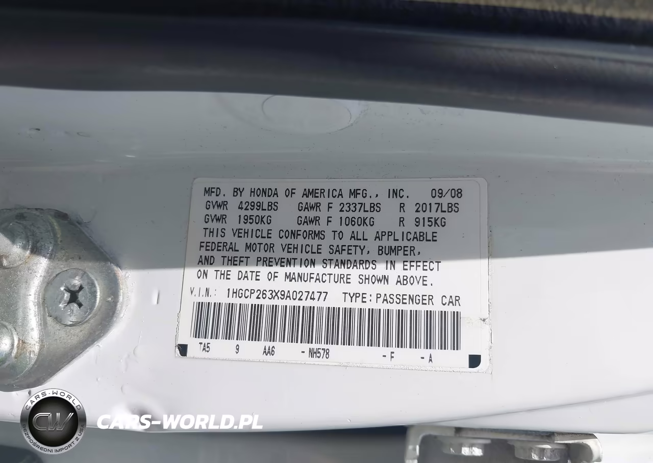 2009 Honda Accord 2.4 Lx VIN:1HGCP263X9A027477 - 9