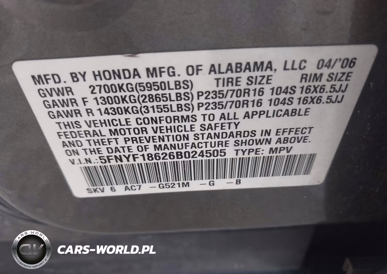 2006 Honda Pilot Ex-L VIN:5FNYF18626B024505 - 9