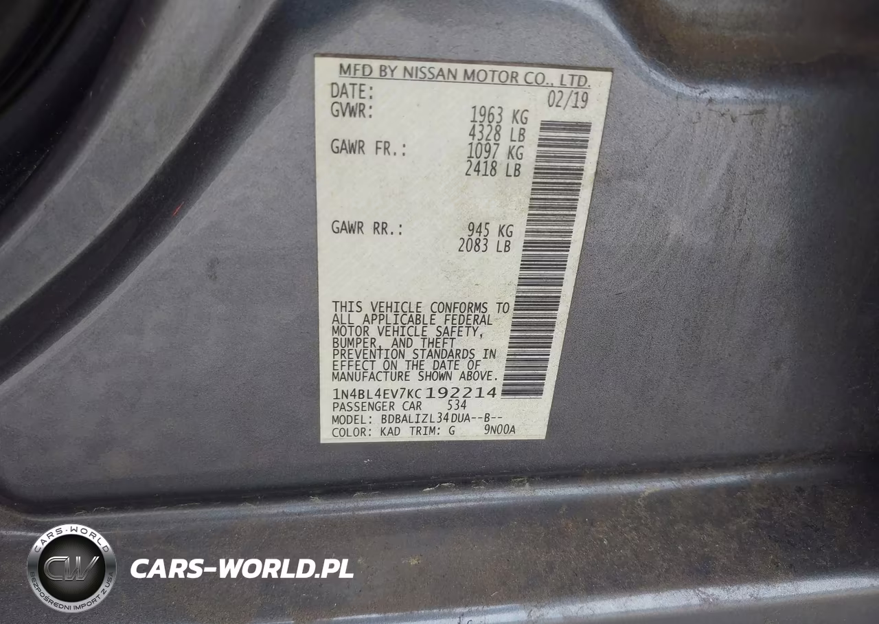 2019 Nissan Altima 2.5 Sl VIN:1N4BL4EV7KC192214 - 9