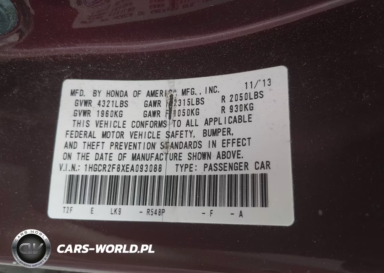 2014 Honda Accord Ex-L VIN:1HGCR2F8XEA093088 - 9