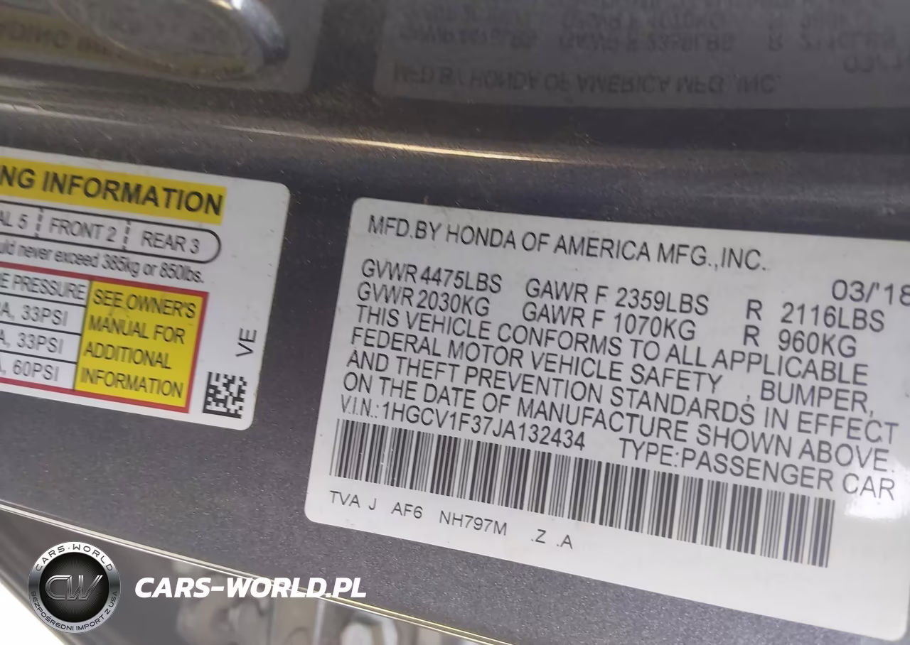 2018 Honda Accord Sport VIN:1HGCV1F37JA132434 - 9