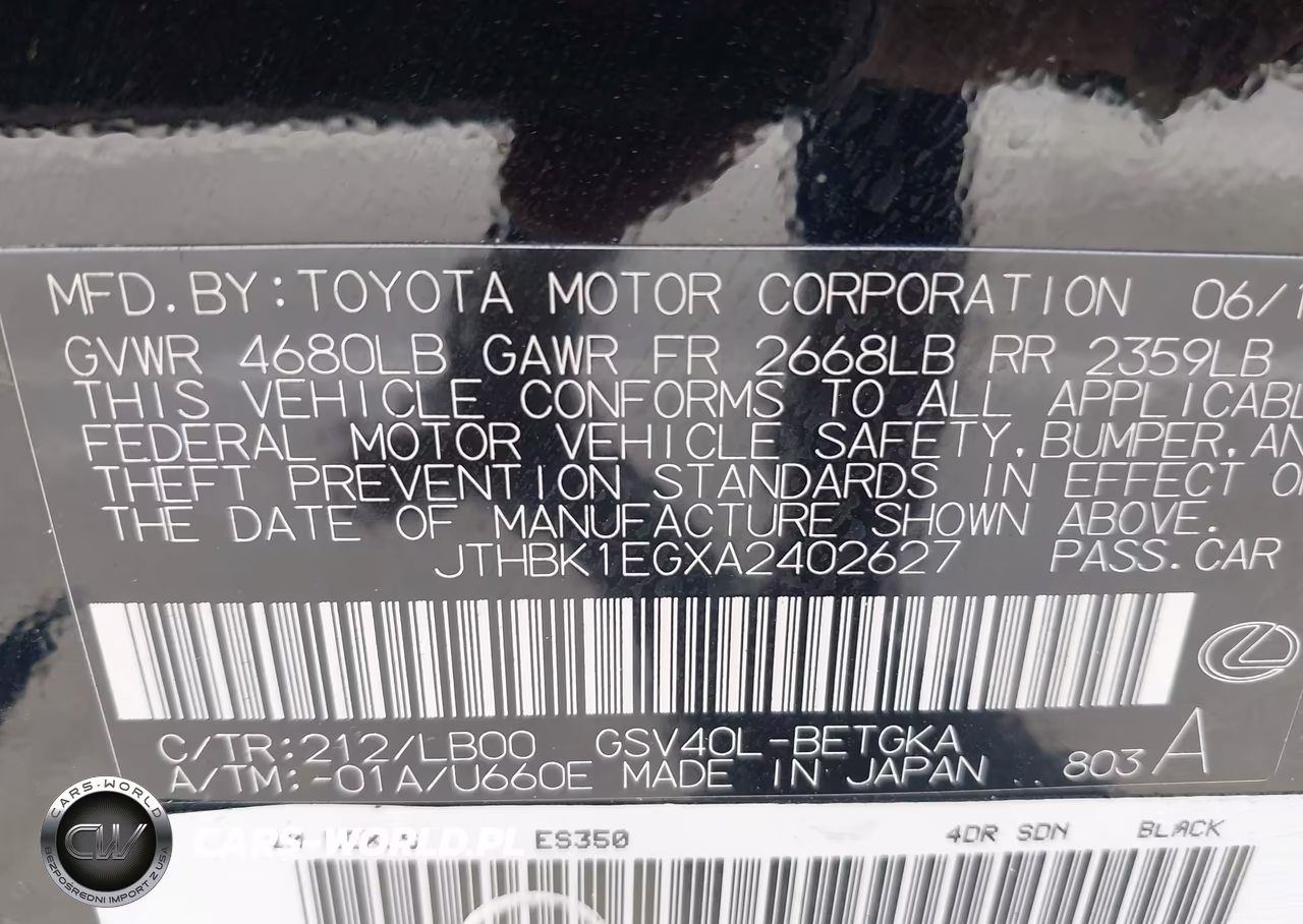 2010 Lexus Es 350 VIN:JTHBK1EGXA2402627 - 9