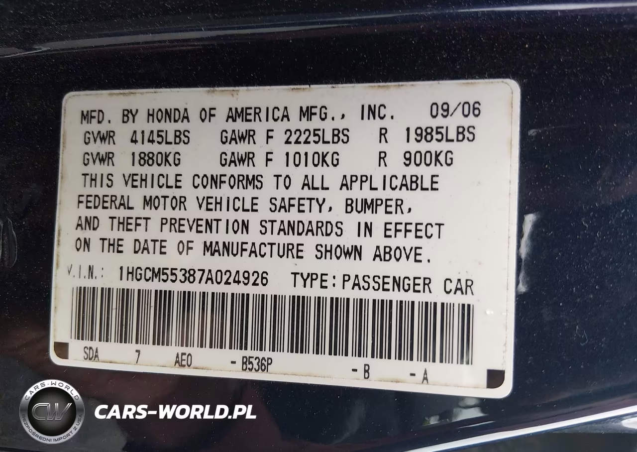 2007 Honda Accord 2.4 Se VIN:1HGCM55387A024926 - 9