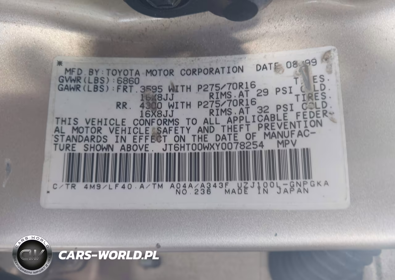 2000 Lexus Lx 470 VIN:JT6HT00WXY0078254 - 9