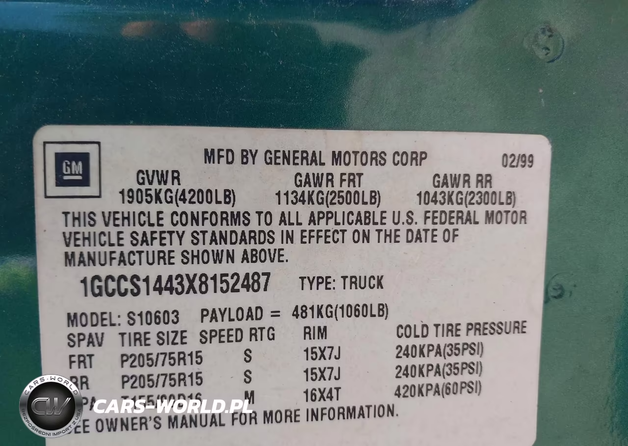 1999 Chevrolet S-10 VIN:1GCCS1443X8152487 - 9