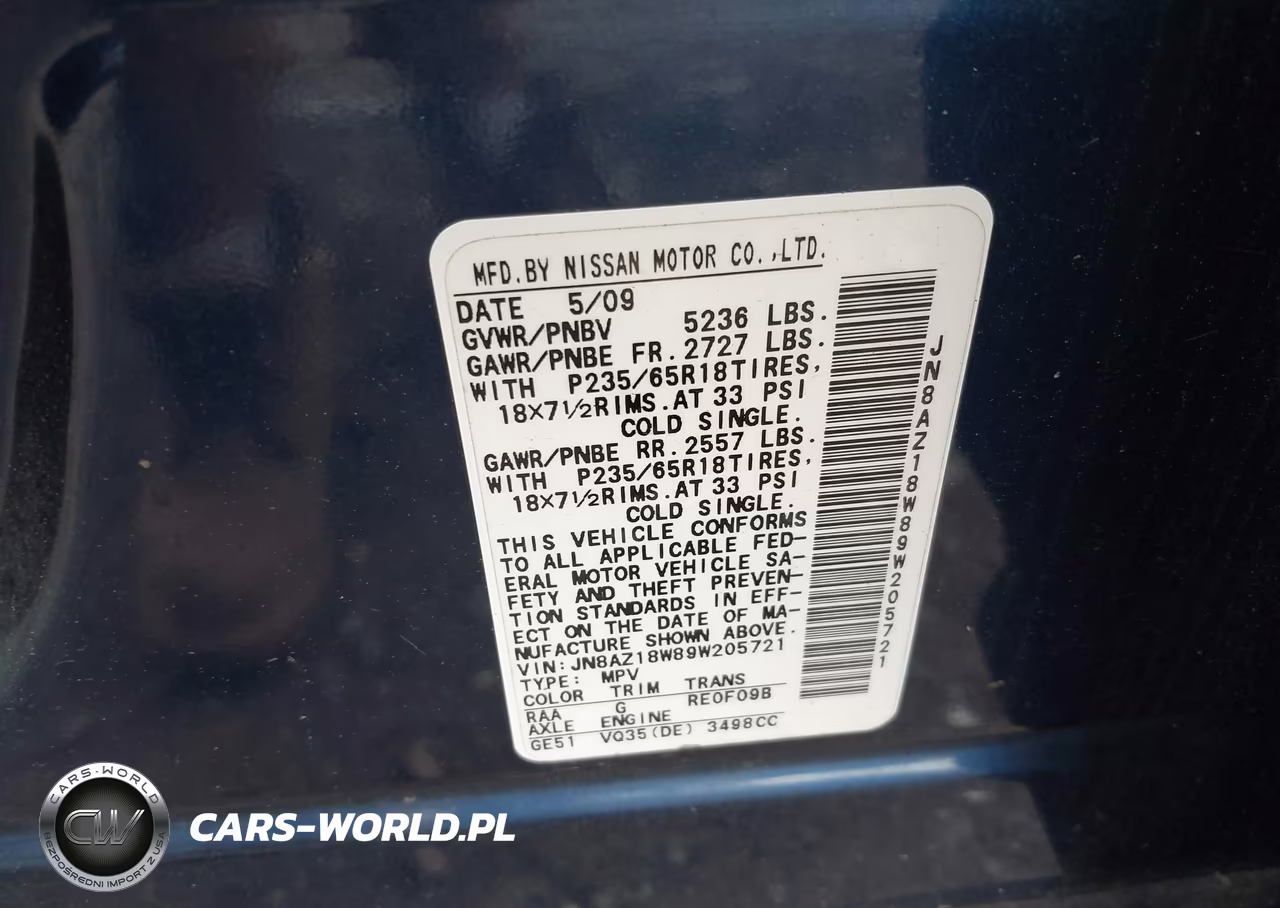 2009 Nissan Murano Sl VIN:JN8AZ18W89W205721 - 9