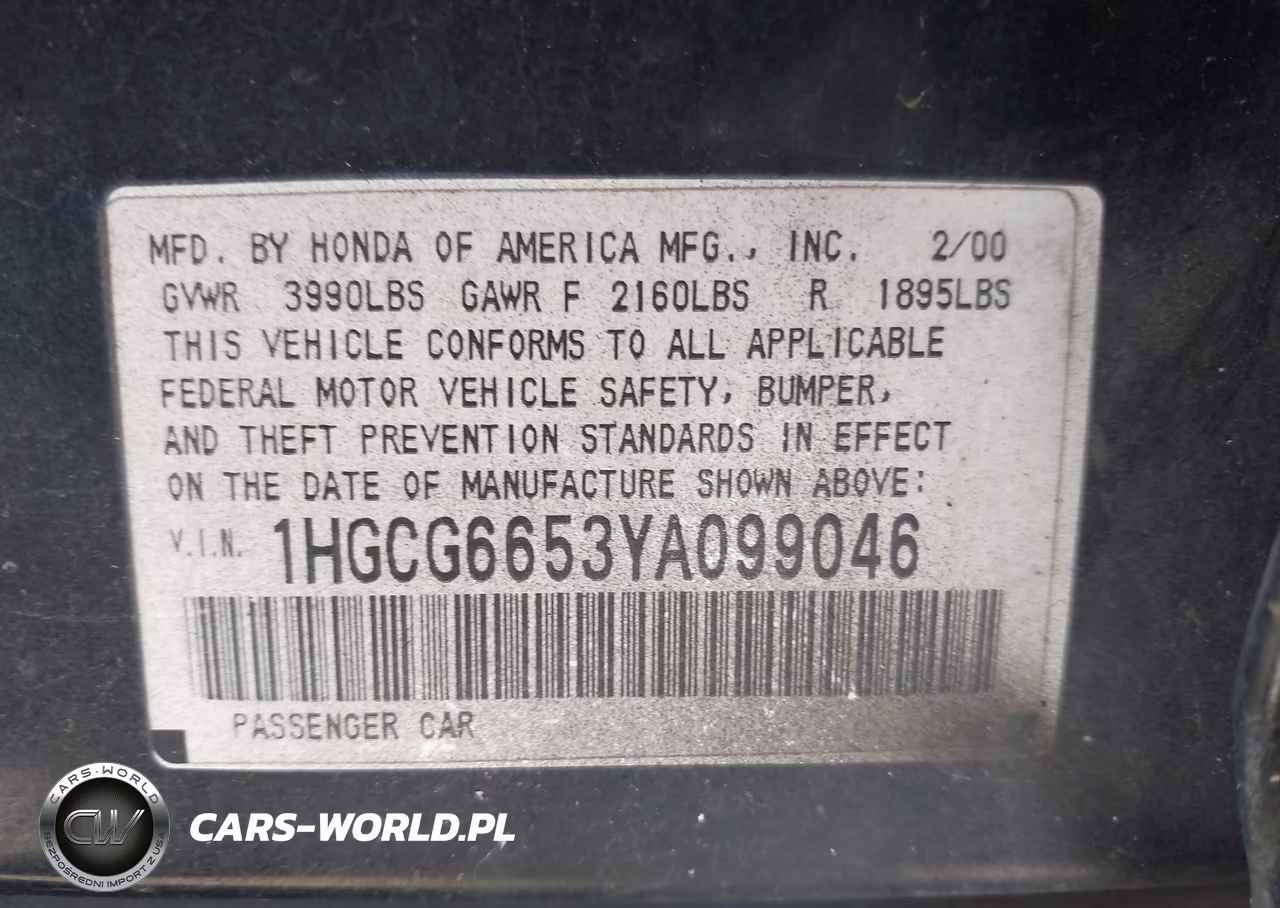 2000 Honda Accord 2.3 Lx VIN:1HGCG6653YA099046 - 9