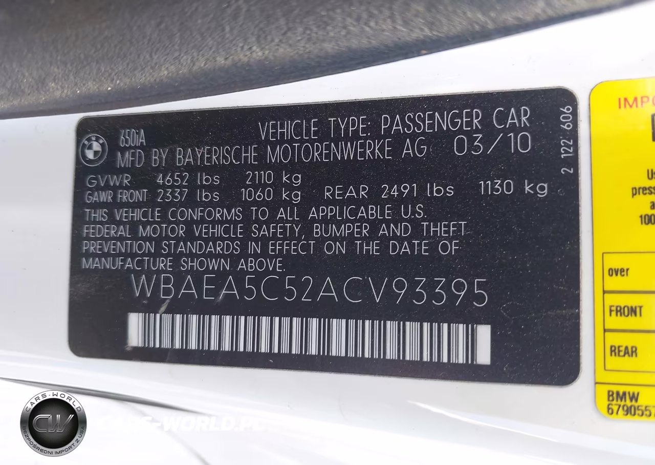 2010 BMW 650I VIN:WBAEA5C52ACV93395 - 9
