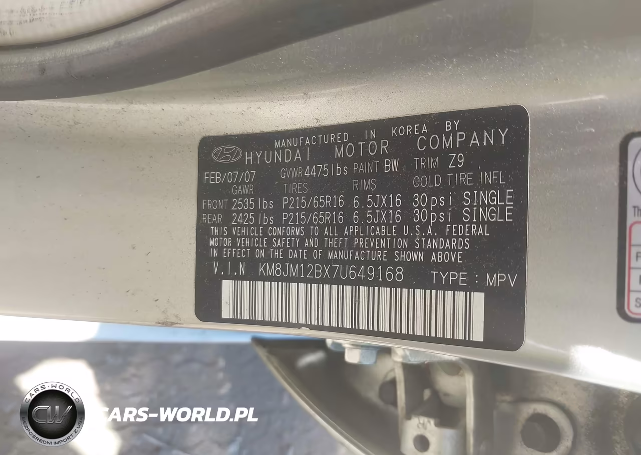 2007 Hyundai Tucson Gls VIN:KM8JM12BX7U649168 - 9