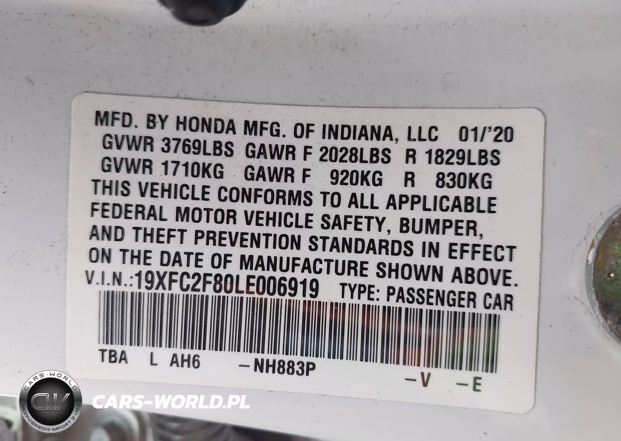 2020 Honda Civic Sport VIN:19XFC2F80LE006919 - 9