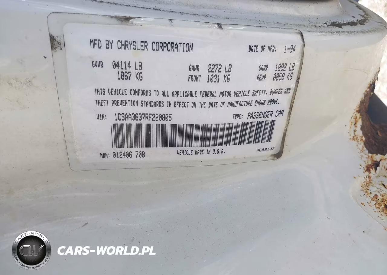 1994 Chrysler Lebaron Le A-Body VIN:1C3AA3637RF220805 - 9