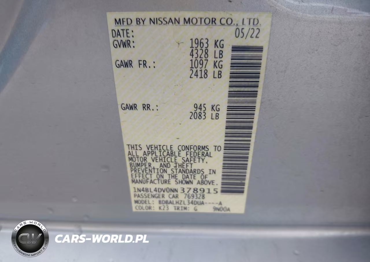 2022 Nissan Altima Sv Fwd VIN:1N4BL4DV0NN378915 - 9