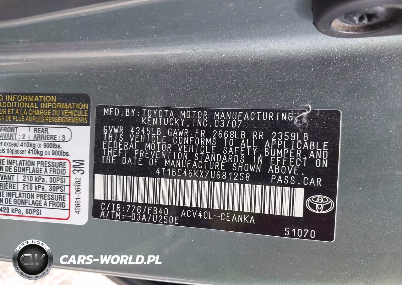 2007 Toyota Camry Le VIN:4T1BE46KX7U681258 - 9