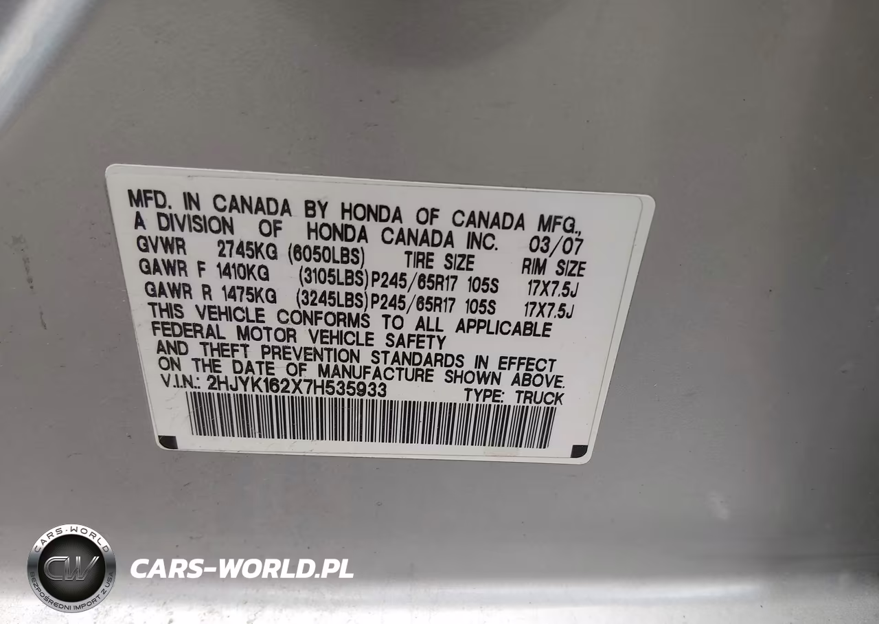 2007 Honda Ridgeline Rt VIN:2HJYK162X7H535933 - 9