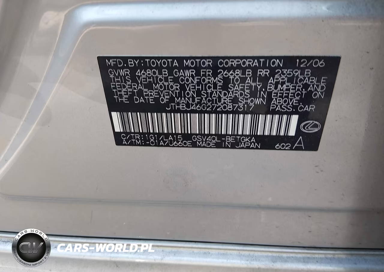 2007 Lexus Es 350 VIN:JTHBJ46G272087317 - 9