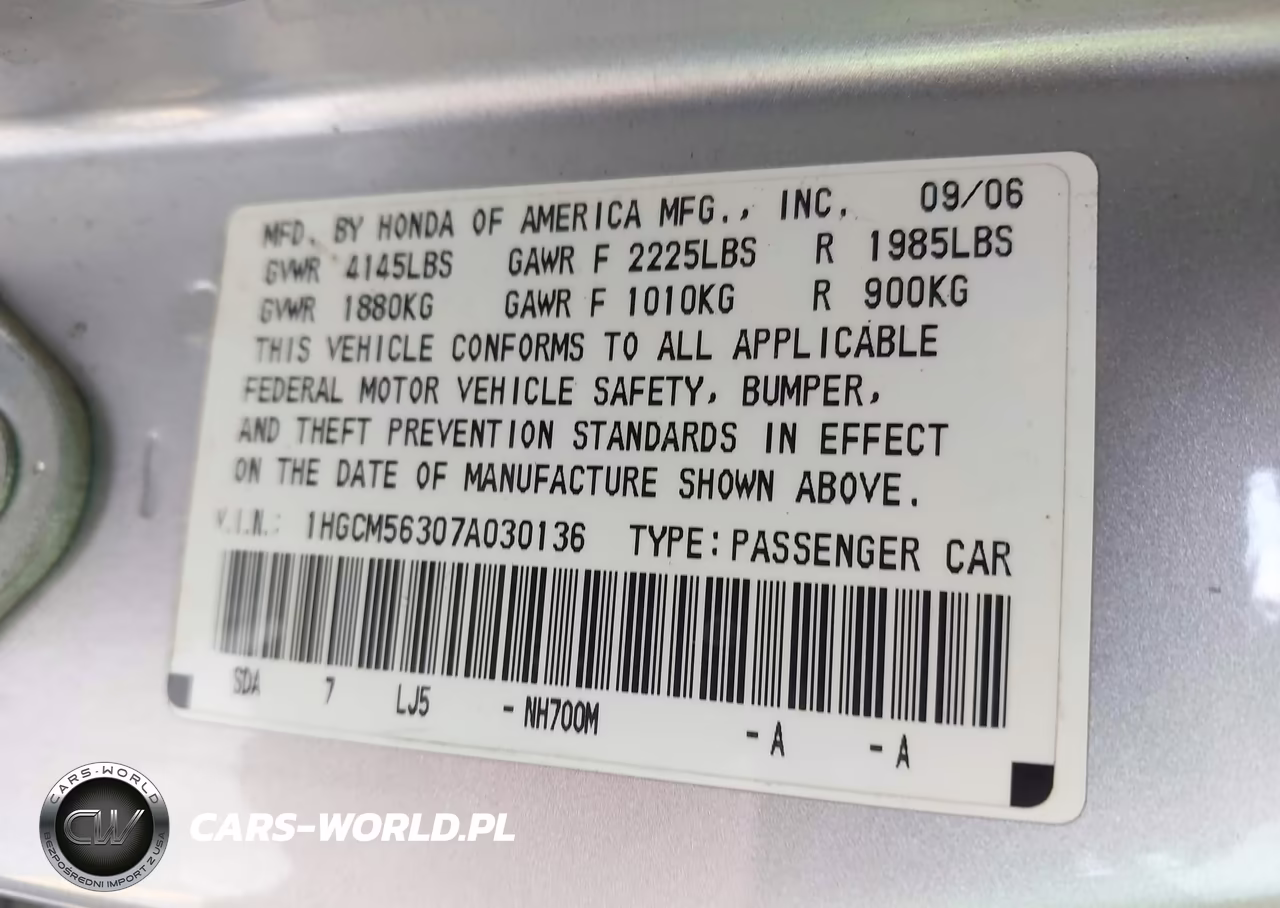 2007 Honda Accord 2.4 Se VIN:1HGCM56307A030136 - 9