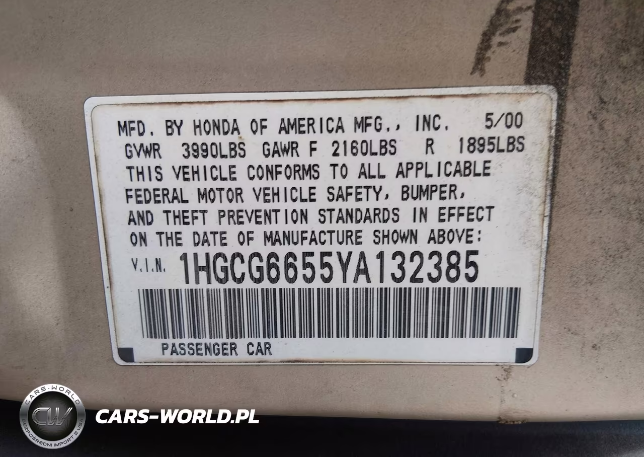 2000 Honda Accord 2.3 Lx VIN:1HGCG6655YA132385 - 9